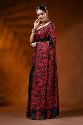 Pitch black kantha embroidery silk saree with red floral design 3