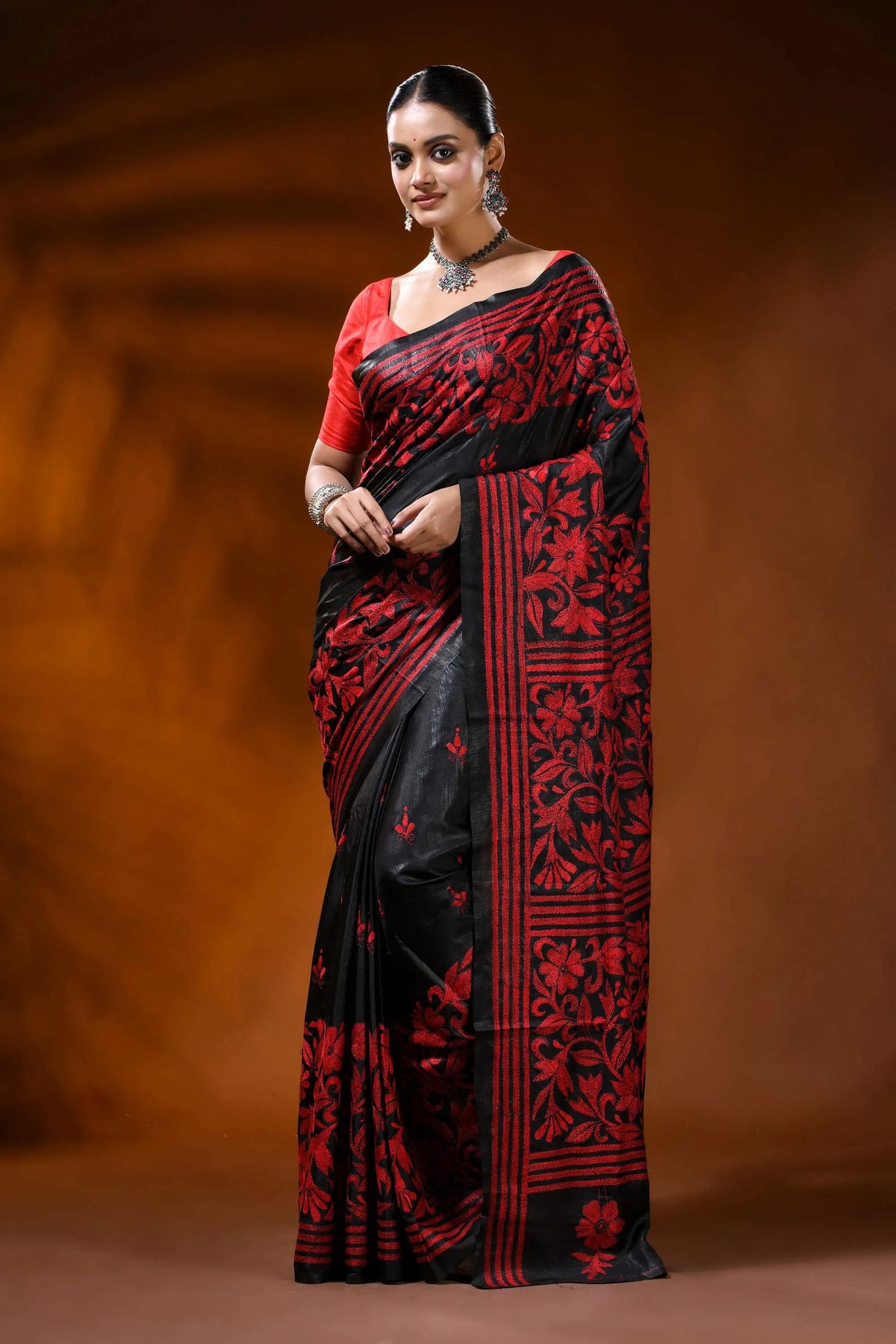 Pitch black kantha embroidery silk saree with red floral design 2
