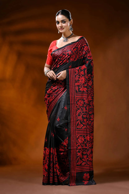 Pitch black kantha embroidery silk saree with red floral design 2