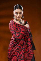 Pitch black kantha embroidery silk saree with red floral design 5