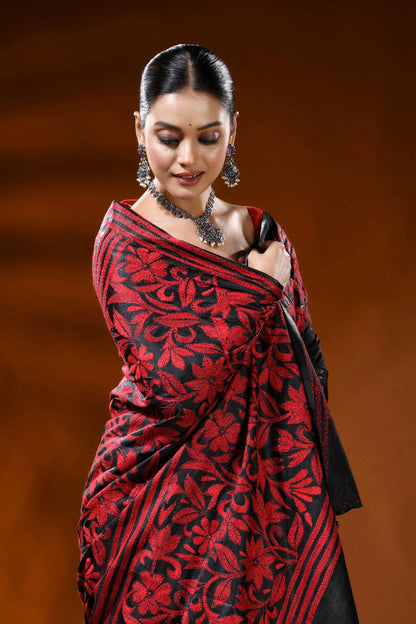 Pitch black kantha embroidery silk saree with red floral design 5
