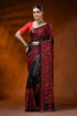 Pitch black kantha embroidery silk saree with red floral design 1