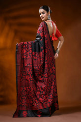 Pitch black kantha embroidery silk saree with red floral design 6