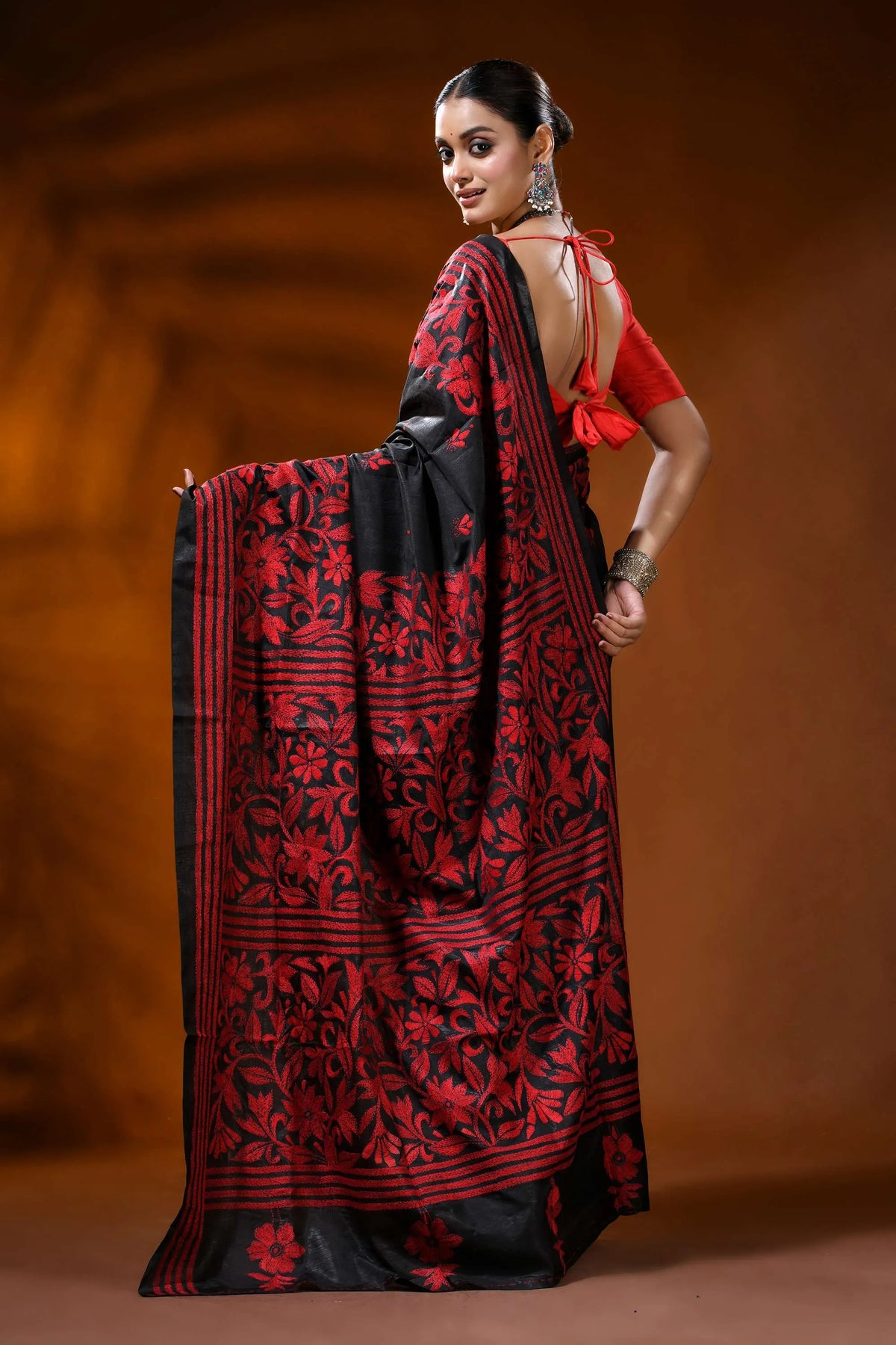 Pitch black kantha embroidery silk saree with red floral design 6