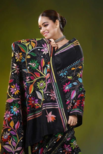 Pitch black kantha silk saree with multicolor floral design 2