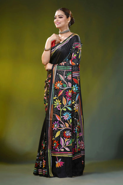 Pitch black kantha silk saree with multicolor floral design 3