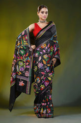 Pitch black kantha silk saree with multicolor floral design 4
