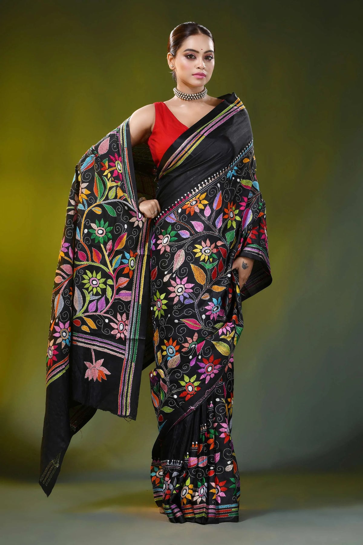 Pitch black kantha silk saree with multicolor floral design 4