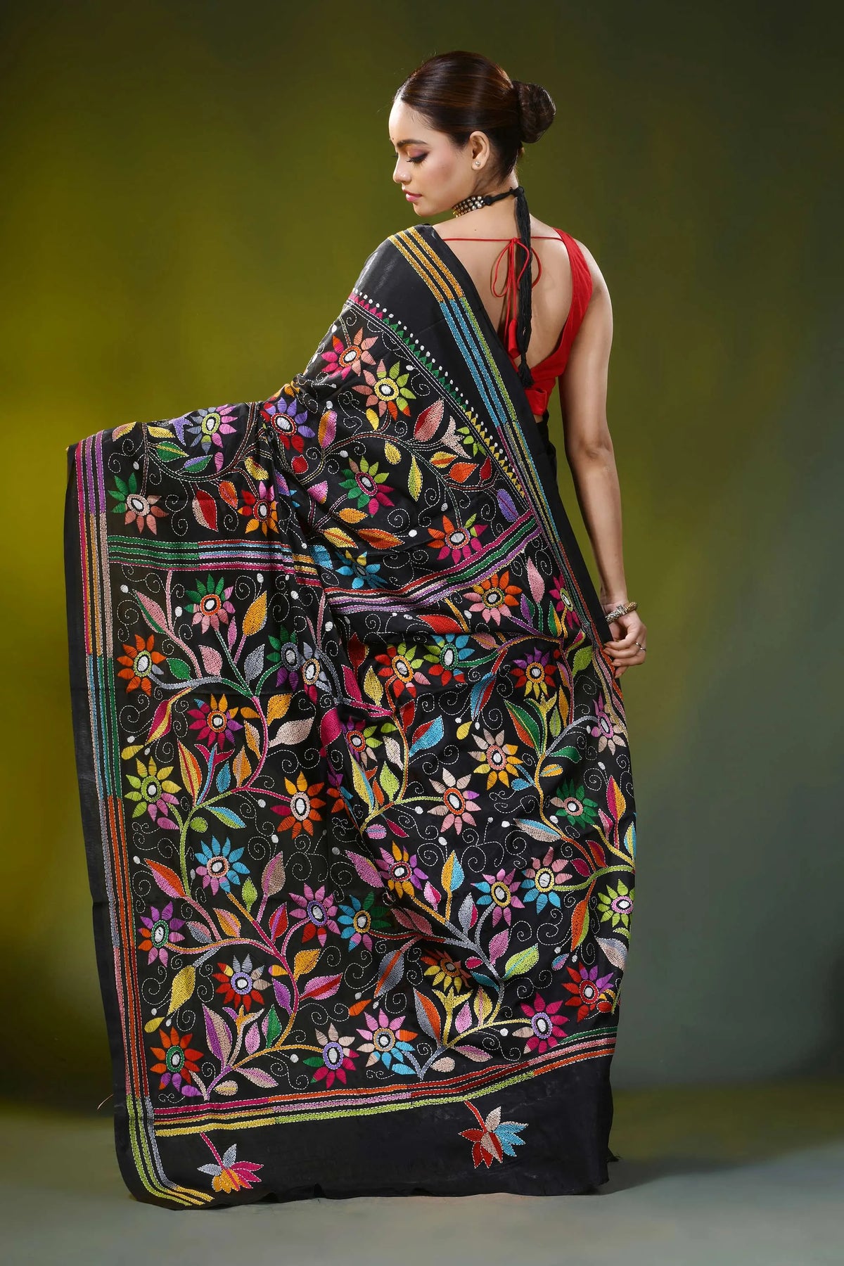 Pitch black kantha silk saree with multicolor floral design 5