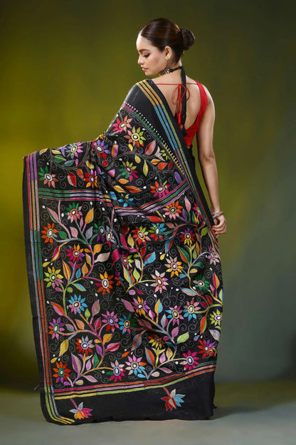 Pitch black kantha silk saree with multicolor floral design 5