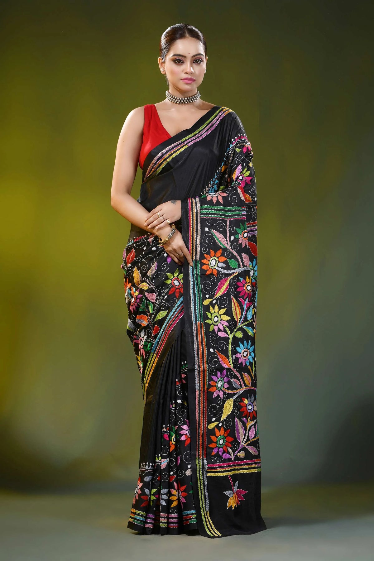 Pitch black kantha silk saree with multicolor floral design 1