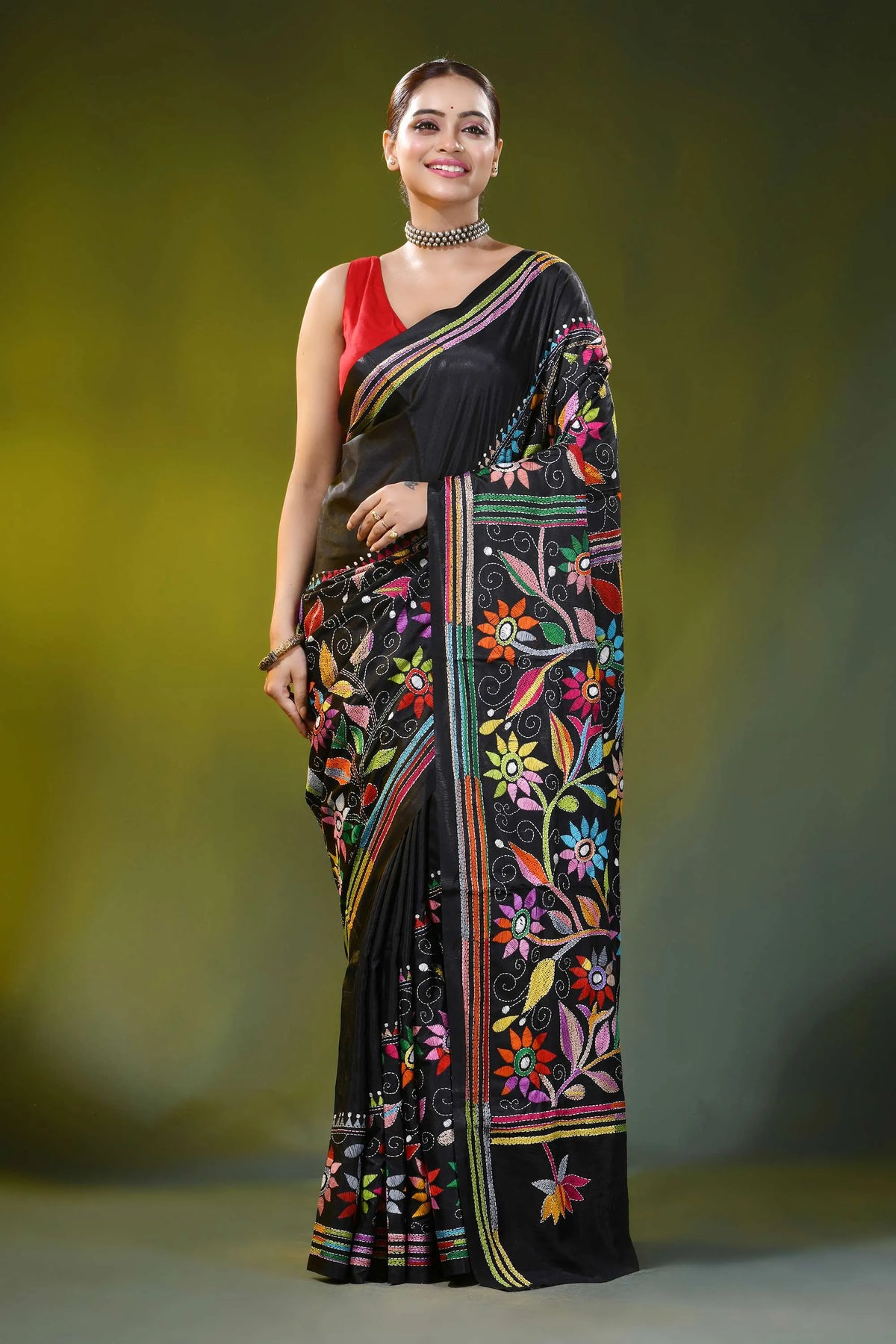 Pitch black kantha silk saree with multicolor floral design 6