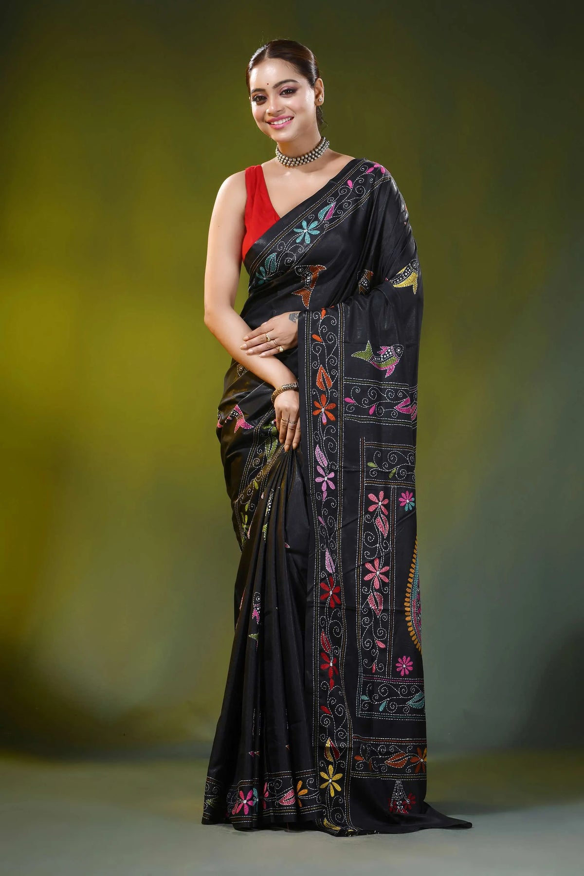 Pitch black kantha work silk saree with handcrafted fish motif 1