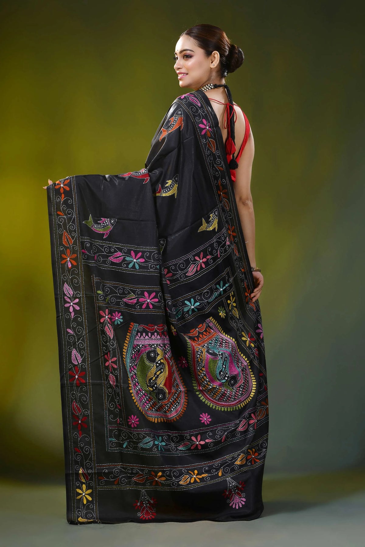 Pitch black kantha work silk saree with handcrafted fish motif 6