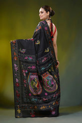 Pitch black kantha work silk saree with handcrafted fish motif 6