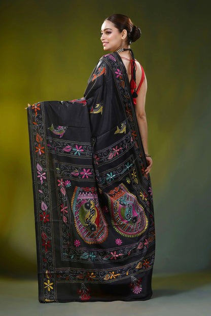 Pitch black kantha work silk saree with handcrafted fish motif 6