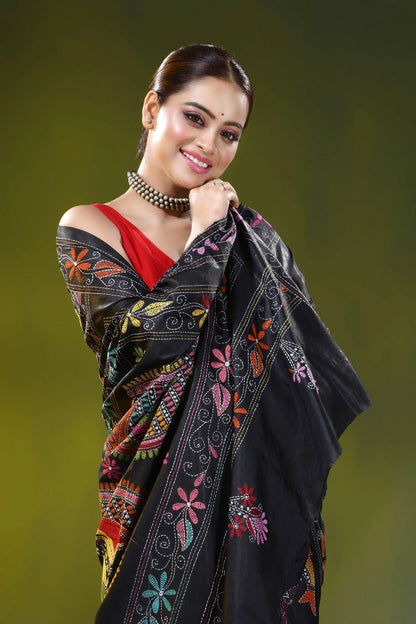 Pitch black kantha work silk saree with handcrafted fish motif 2