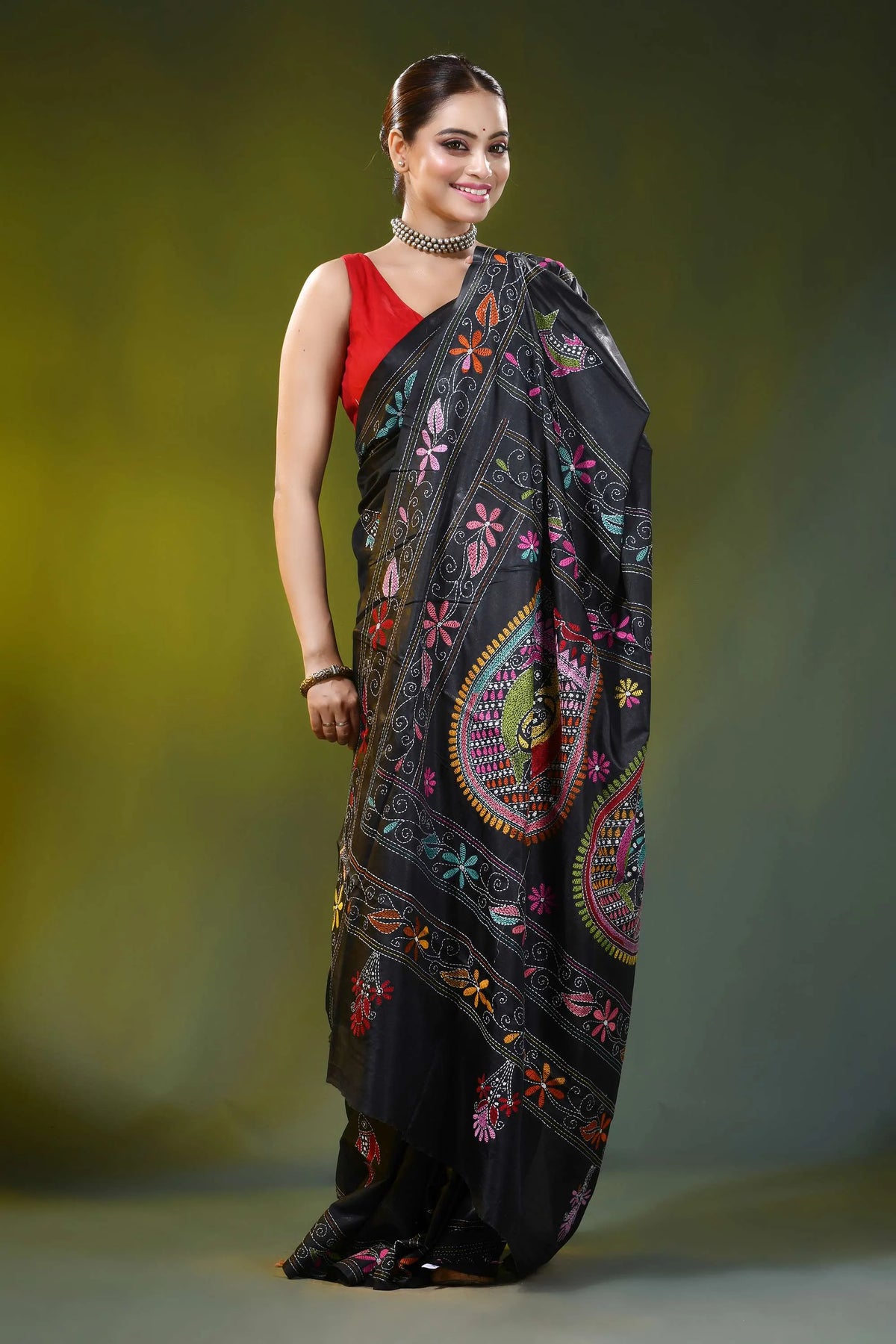 Pitch black kantha work silk saree with handcrafted fish motif 5