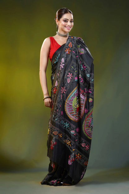 Pitch black kantha work silk saree with handcrafted fish motif 5