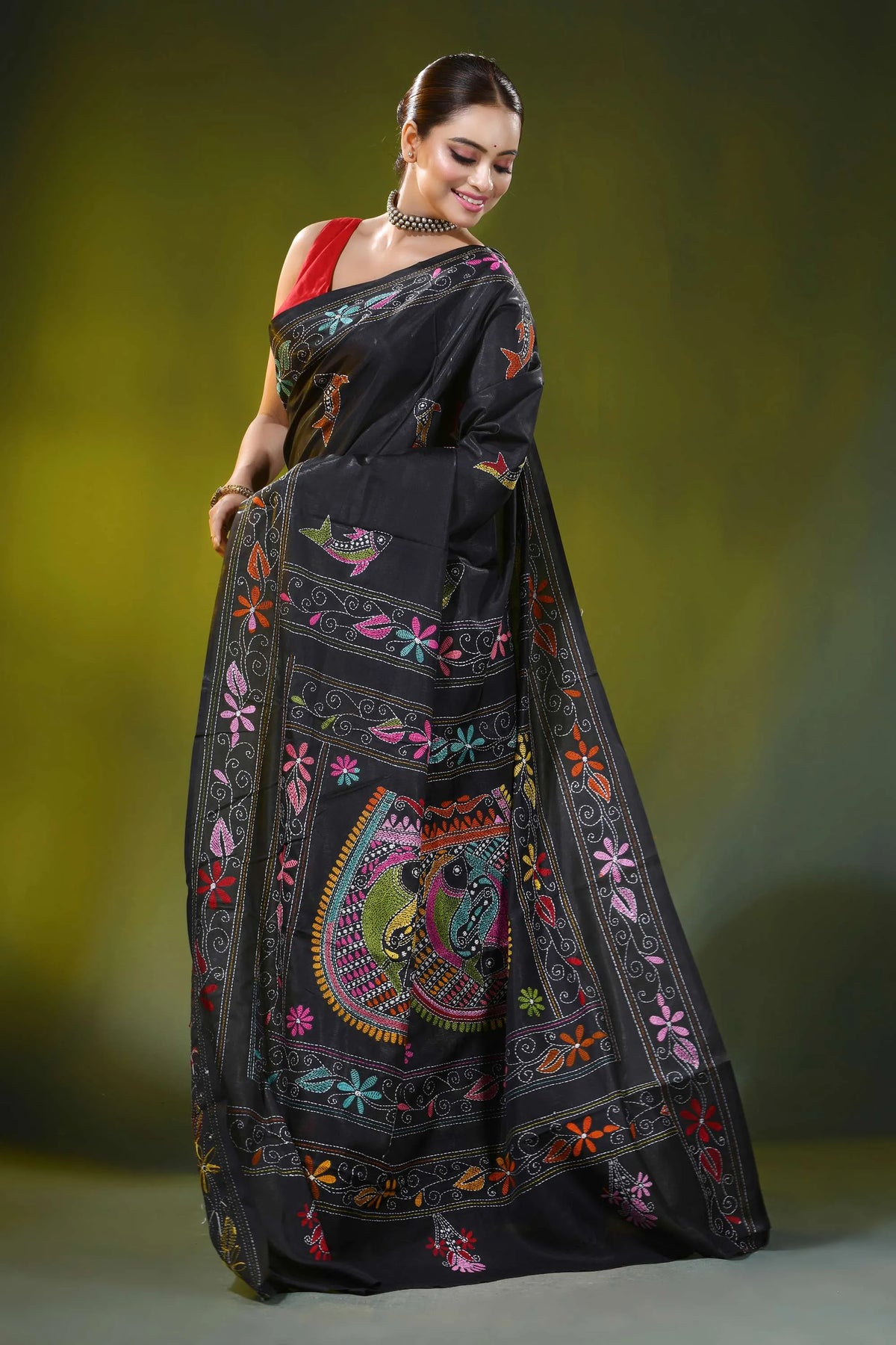 Pitch black kantha work silk saree with handcrafted fish motif 4