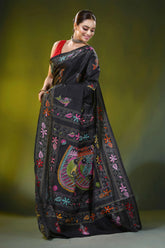 Pitch black kantha work silk saree with handcrafted fish motif 4
