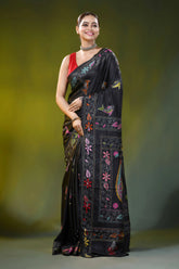 Pitch black kantha work silk saree with handcrafted fish motif 7