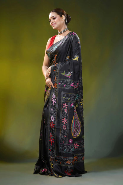 Pitch black kantha work silk saree with handcrafted fish motif 3
