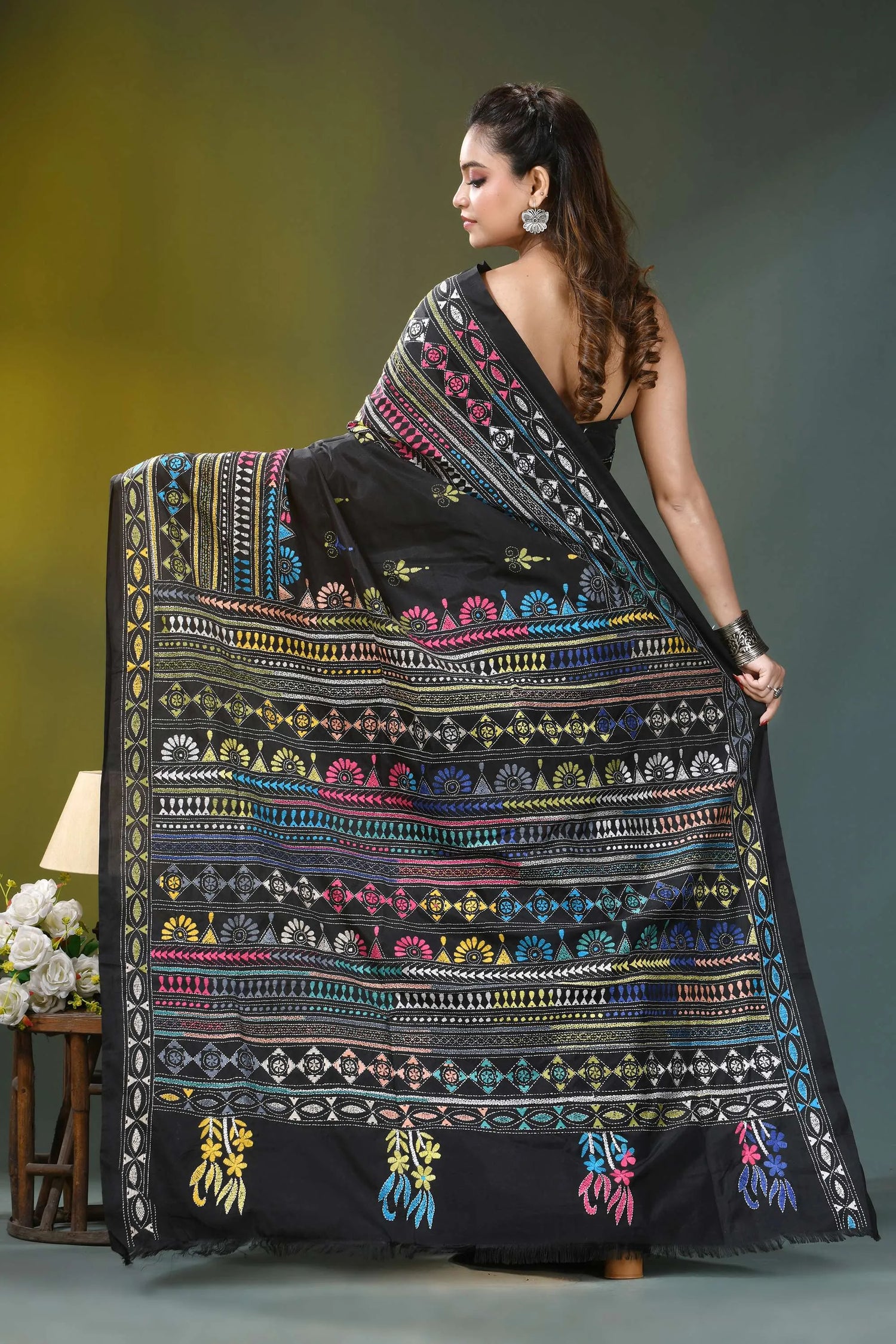 Pitch black multi-thread ethnic silk kantha stitch saree black silk saree vibrant multicolored 4