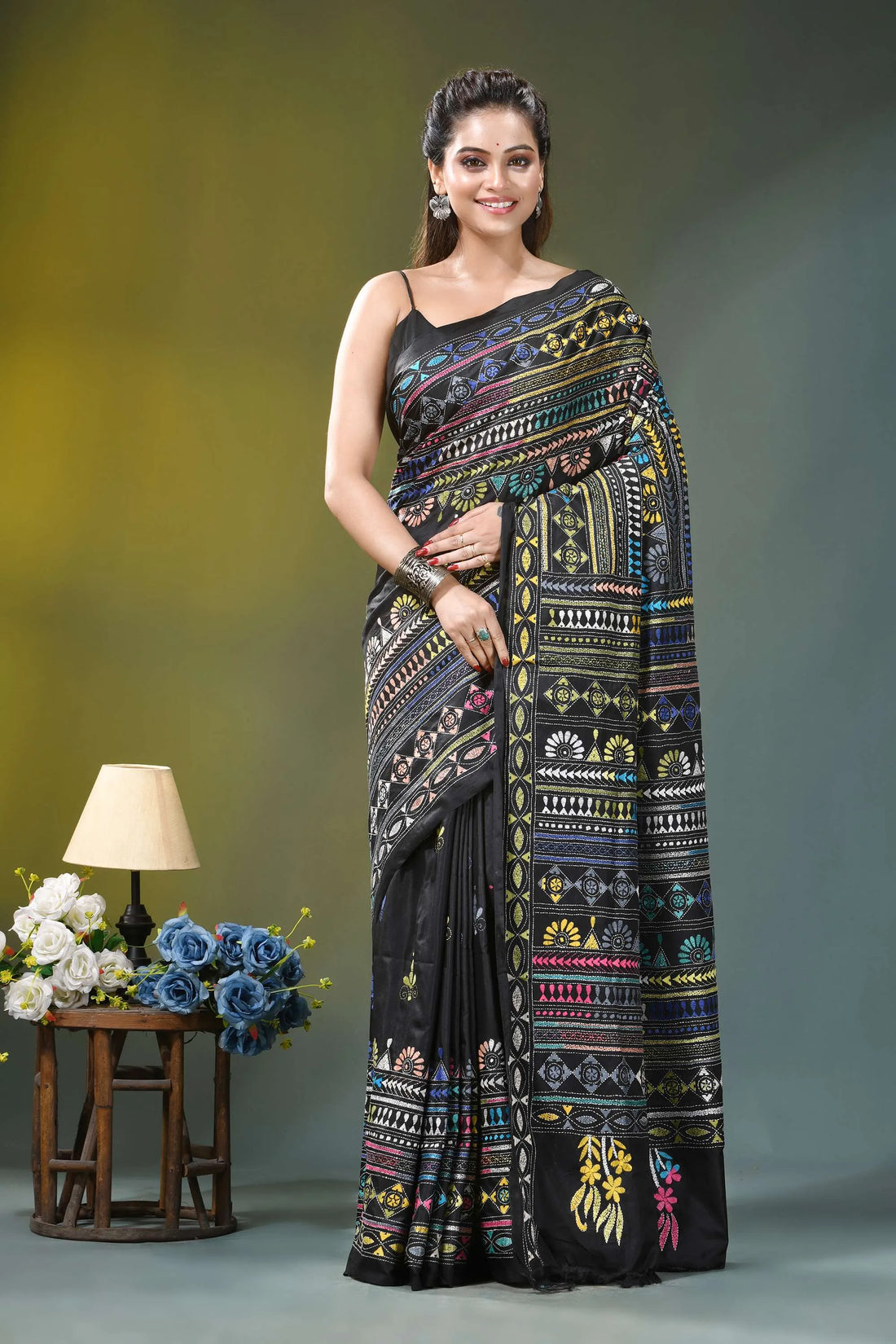 Pitch black multi-thread ethnic silk kantha stitch saree black silk saree intricate multicolored 1