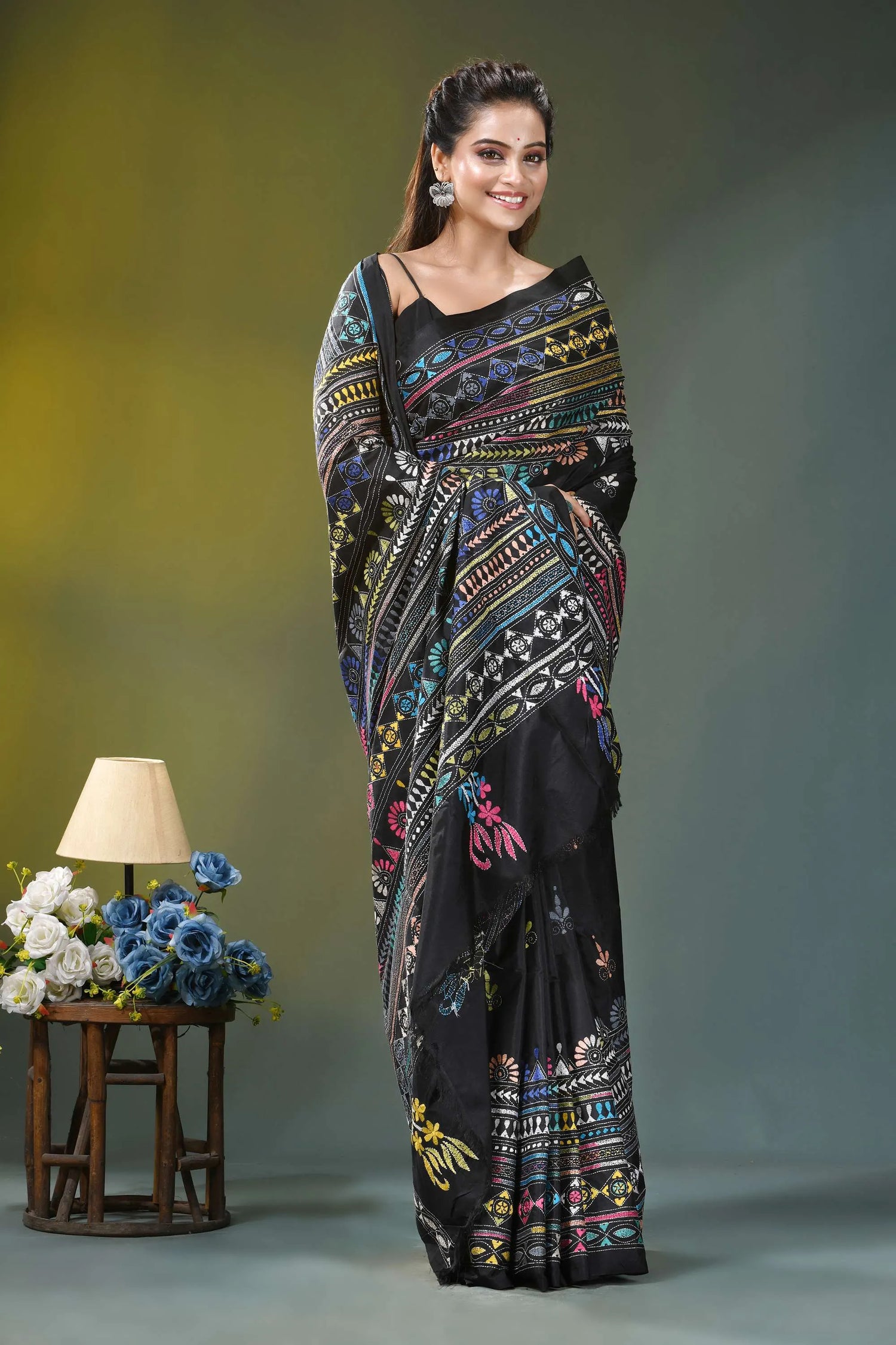 Pitch black multi-thread ethnic silk kantha stitch saree black saree vibrant multicolored geometric 5