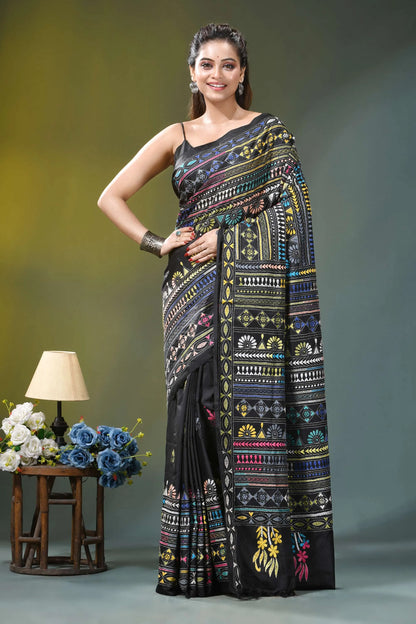 Pitch black multi-thread ethnic silk kantha stitch saree black saree vibrant multicolored geometric 6