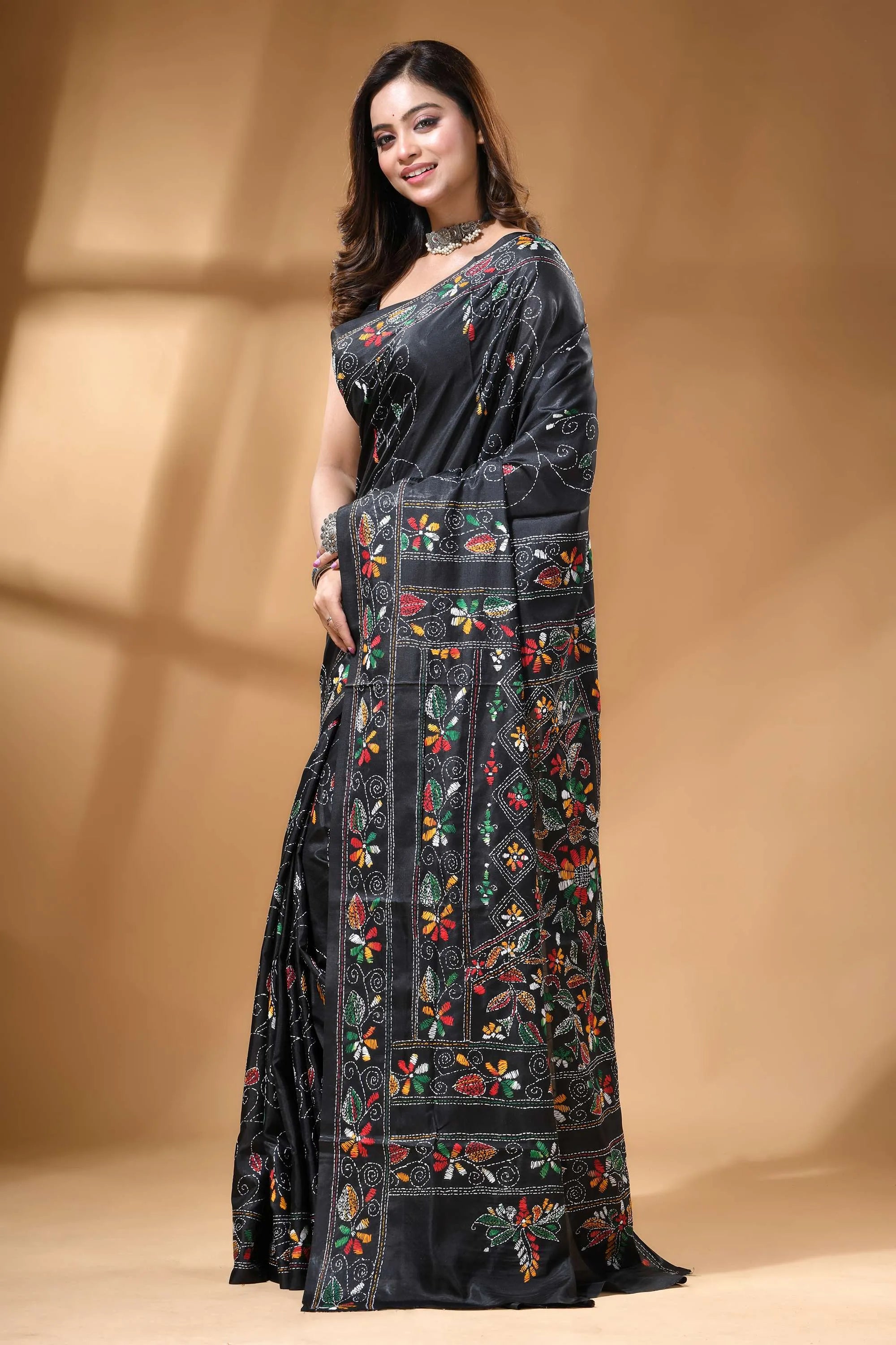 Pitch black multi-thread floral silk kantha stitch saree black silk saree intricate multicolored 3