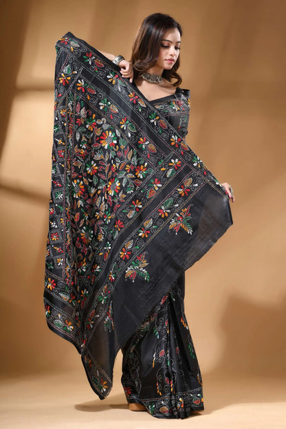 Pitch black multi-thread floral silk kantha stitch saree black silk saree intricate floral 6