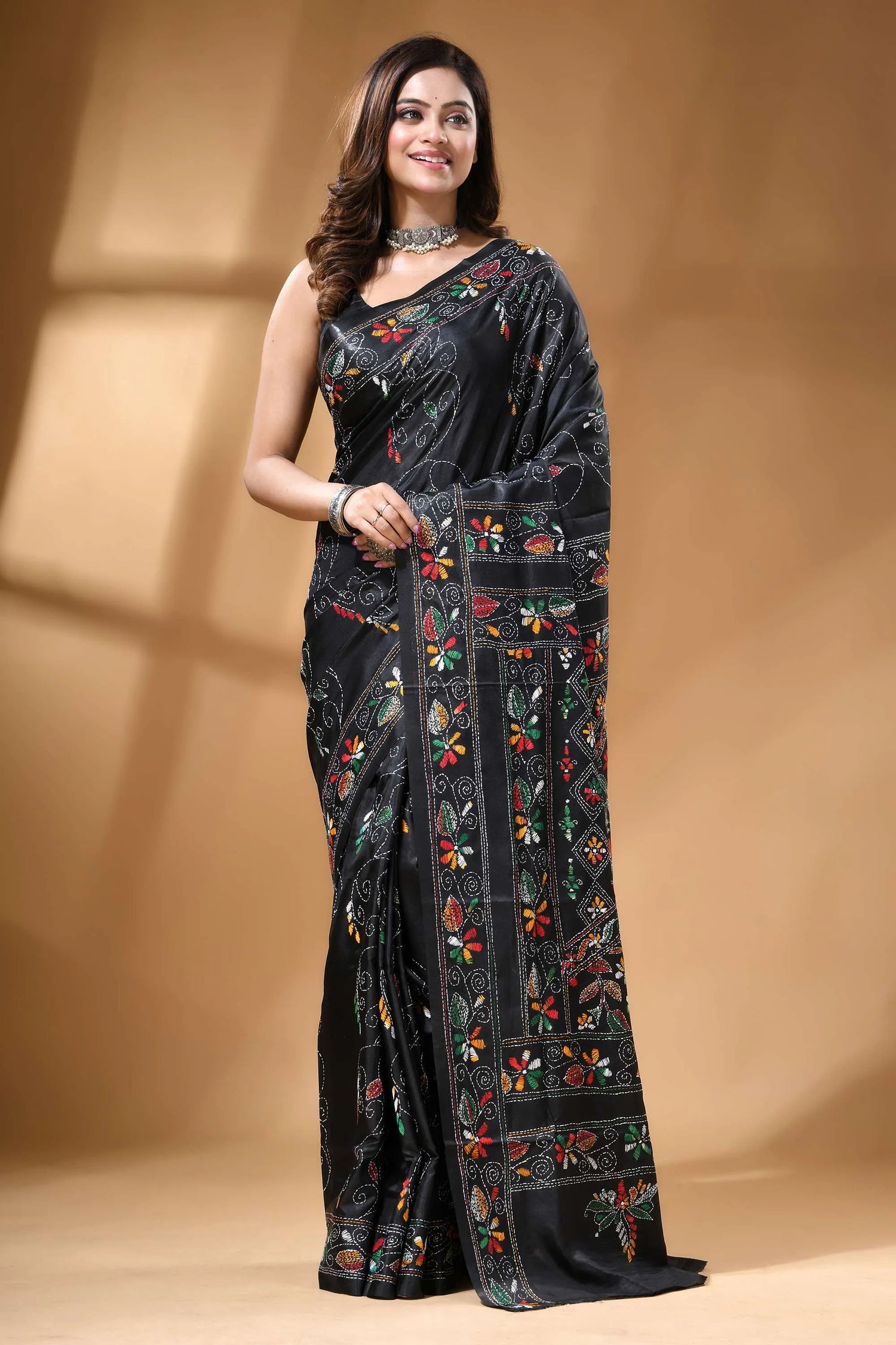Pitch black multi-thread floral silk kantha stitch saree black silk saree intricate multicolored 7