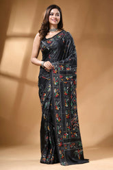 Pitch black multi-thread floral silk kantha stitch saree black silk saree intricate multicolored 7