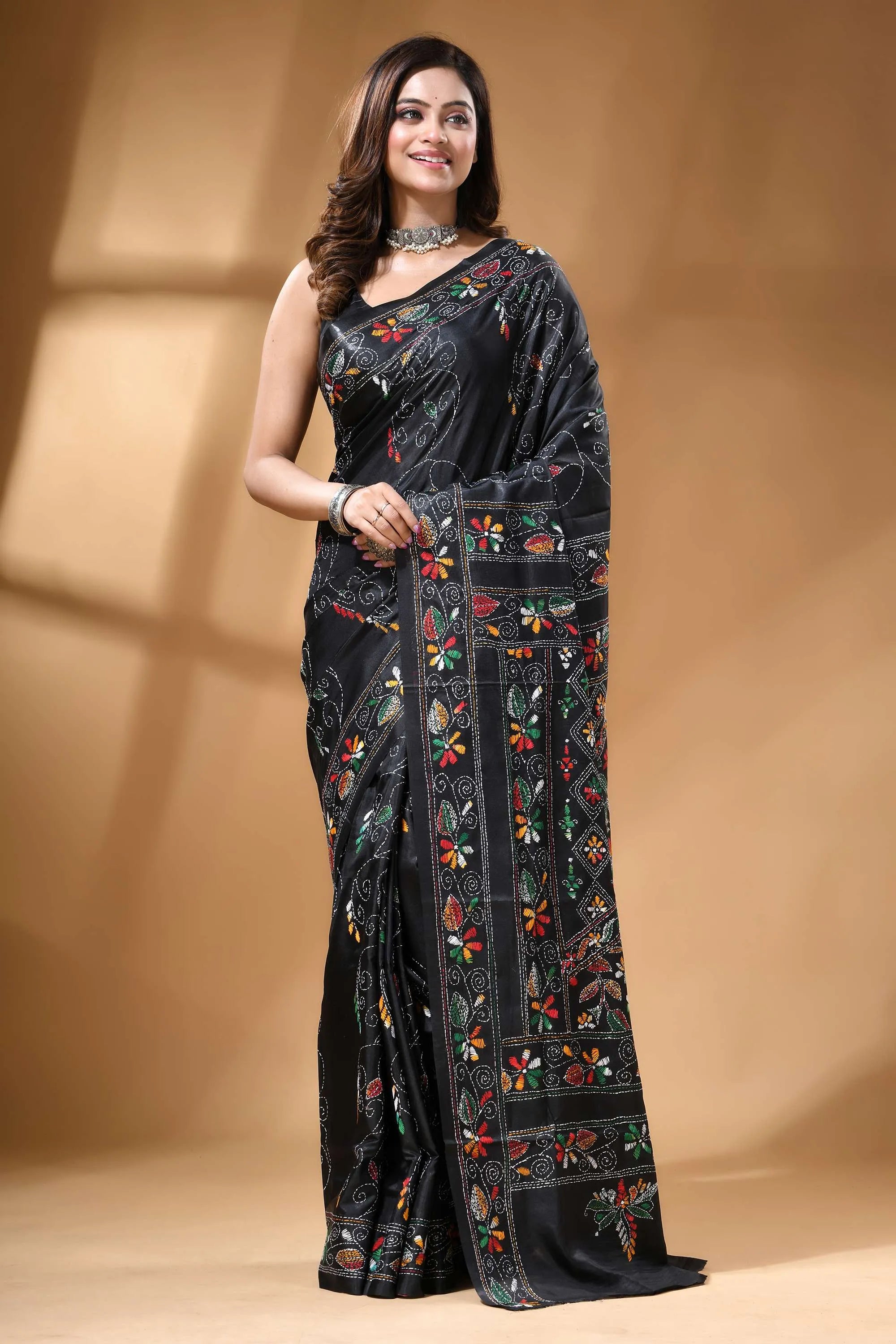 Pitch black multi-thread floral silk kantha stitch saree black silk saree intricate multicolored 7