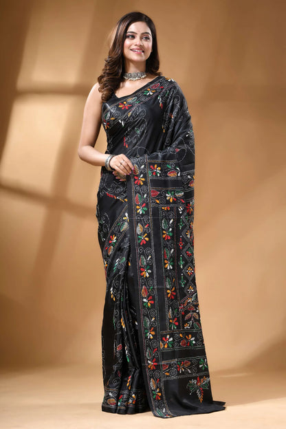 Pitch black multi-thread floral silk kantha stitch saree black silk saree intricate multicolored 7