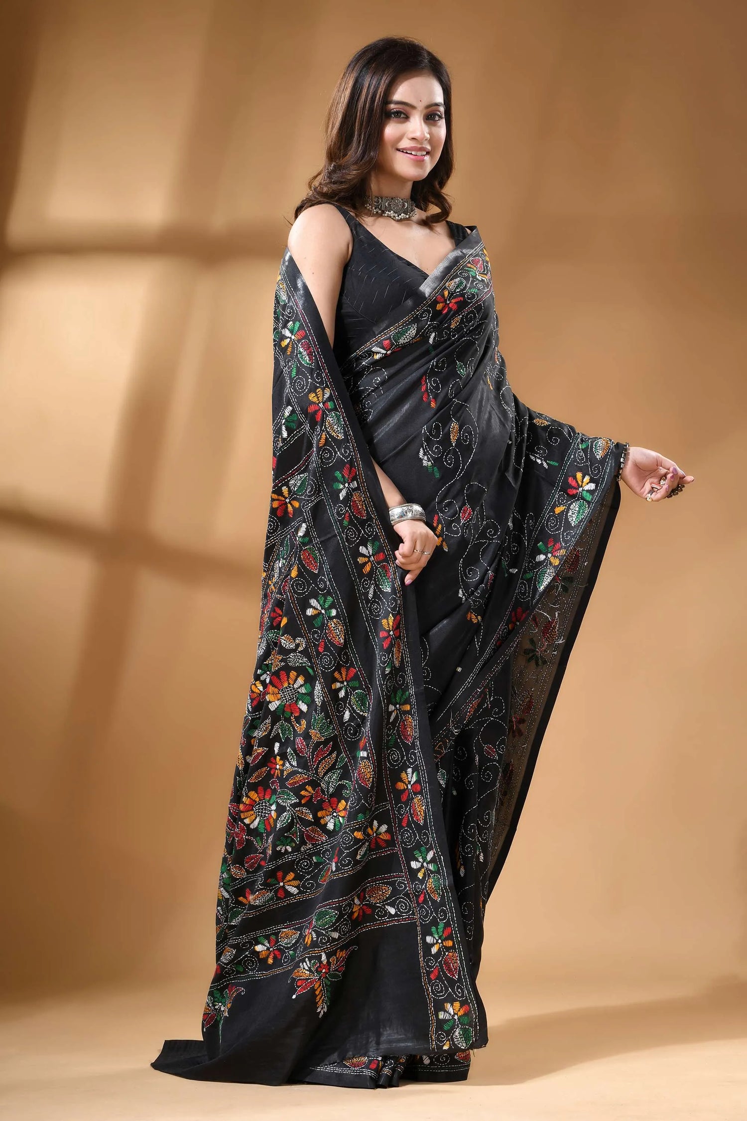 Pitch black multi-thread floral silk kantha stitch saree black silk saree intricate multicolored 4