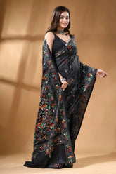 Pitch black multi-thread floral silk kantha stitch saree black silk saree intricate multicolored 4