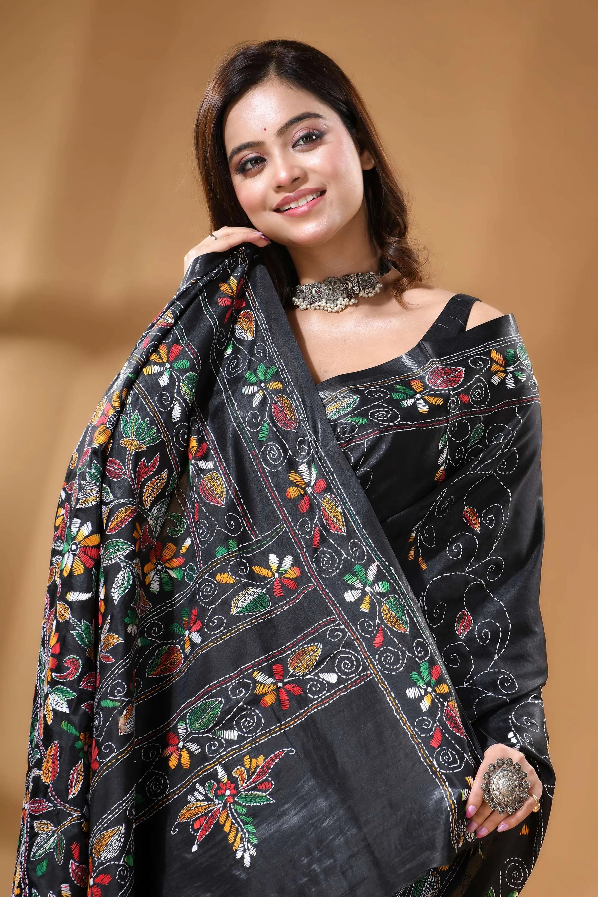 Pitch black multi-thread floral silk kantha stitch saree black silk saree adorned intricate 2