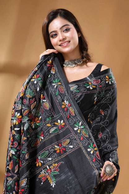 Pitch black multi-thread floral silk kantha stitch saree black silk saree adorned intricate 2