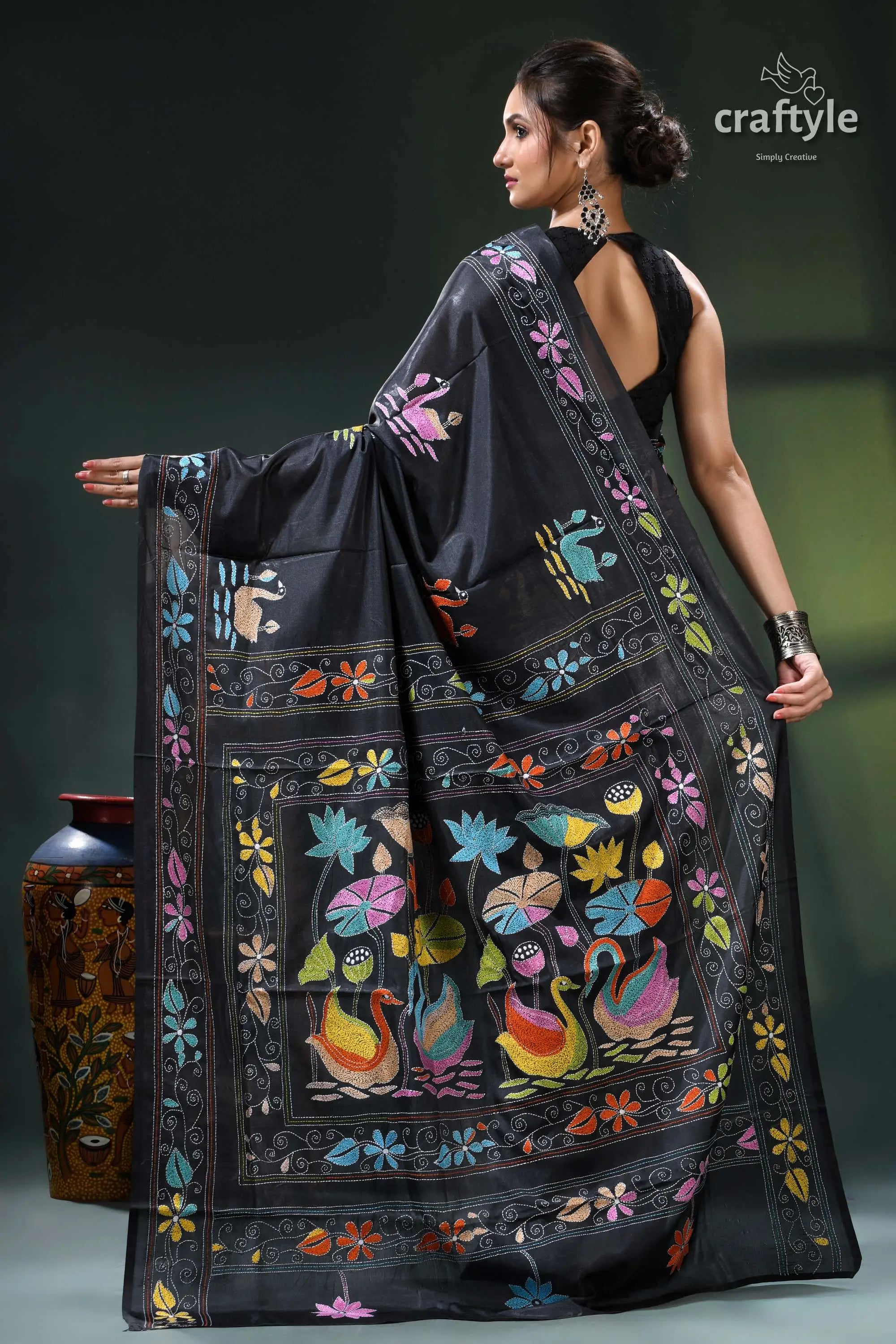 Pitch black multi-thread swan motif silk kantha work saree black saree colorful peacock floral 4