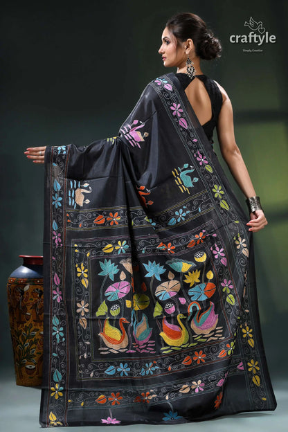 Pitch black multi-thread swan motif silk kantha work saree black saree colorful peacock floral 4
