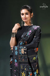 Pitch black multi-thread swan motif silk kantha work saree black saree colorful floral leaf 2