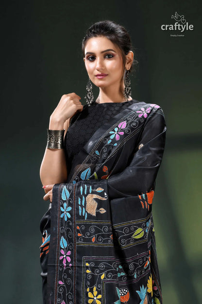 Pitch black multi-thread swan motif silk kantha work saree black saree colorful floral leaf 2