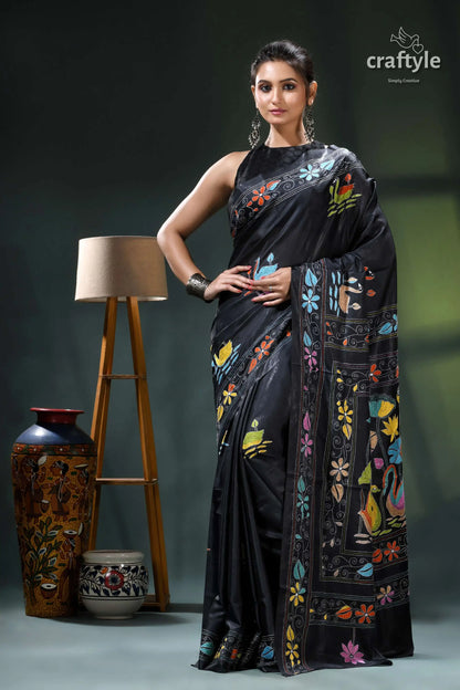 Pitch black multi-thread swan motif silk kantha work saree black saree colorful floral embroidery 6