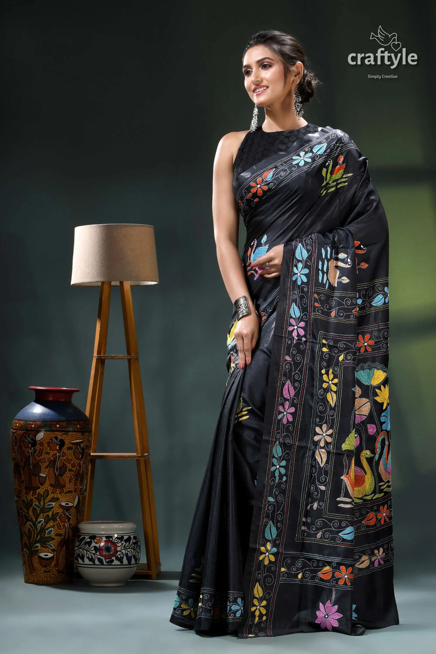 Pitch black multi-thread swan motif silk kantha work saree black saree colorful floral geometric 3
