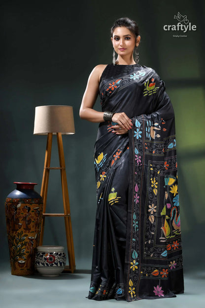 Pitch black multi-thread swan motif silk kantha work saree black saree floral embroidery border 1