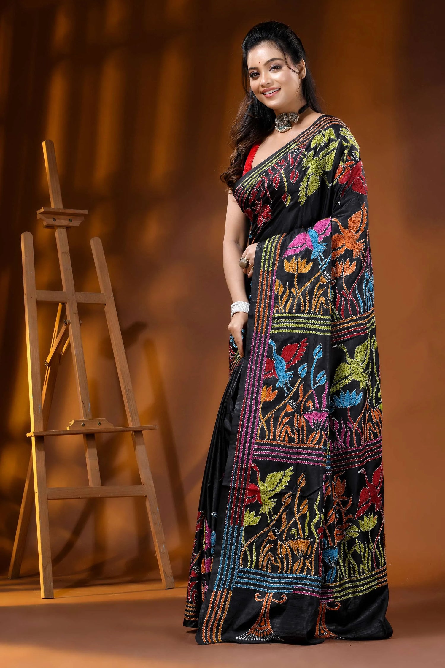 Pitch black multicolor nature motif hand embroidered silk kantha saree 3