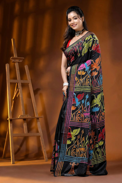 Pitch black multicolor nature motif hand embroidered silk kantha saree 3